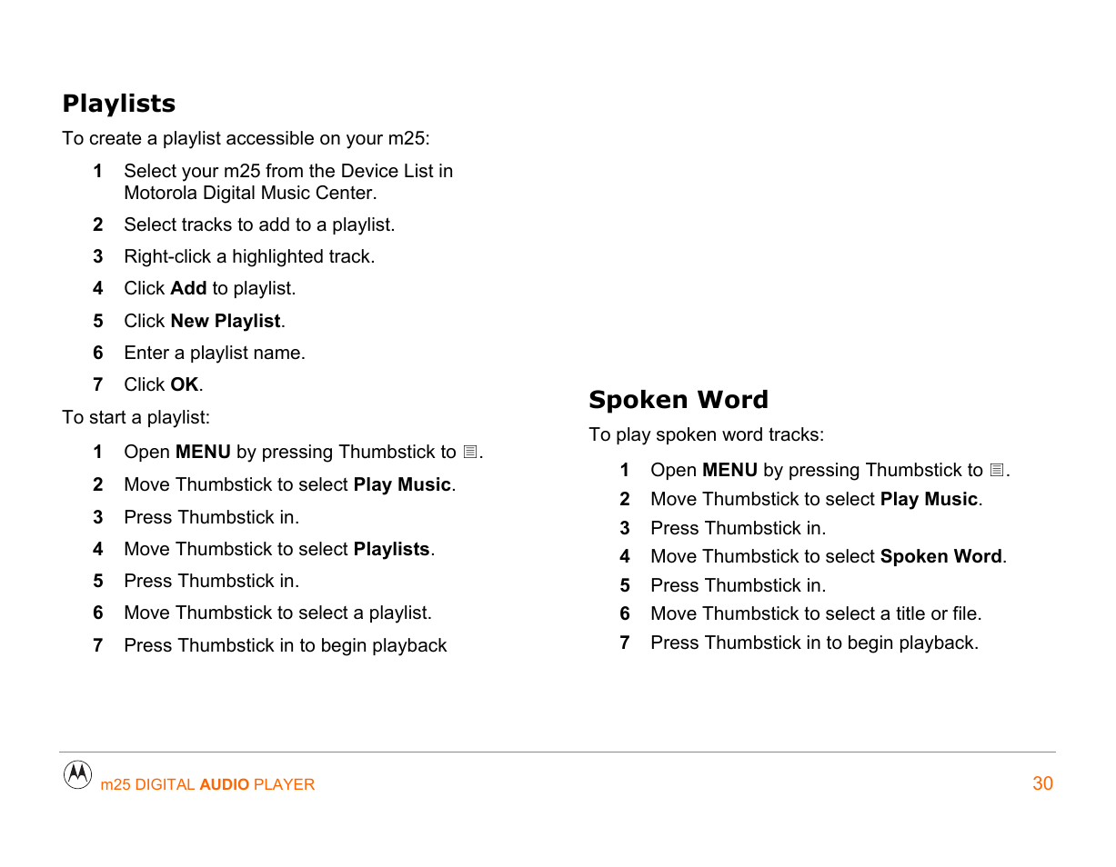 Playlists, Spoken word | Motorola m25 User Manual | Page 30 / 70