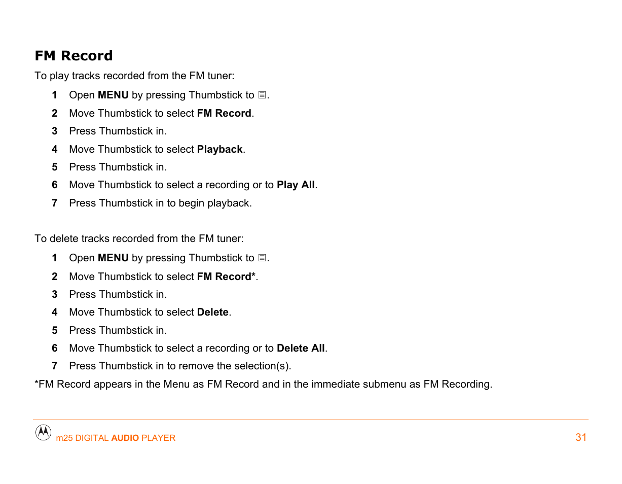 Fm record | Motorola m25 User Manual | Page 31 / 70