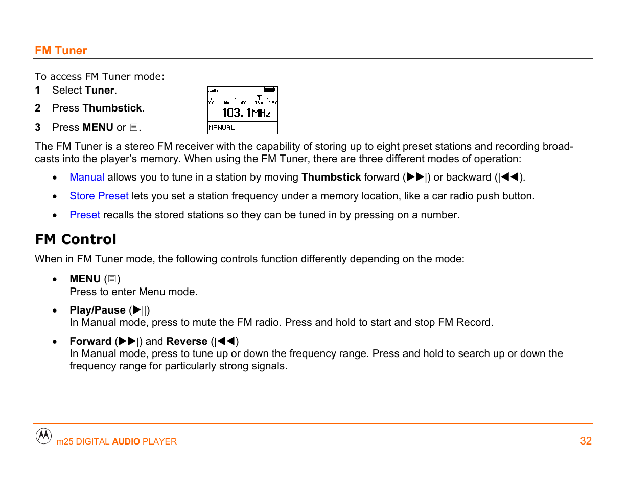 Fm tuner, Fm control | Motorola m25 User Manual | Page 32 / 70