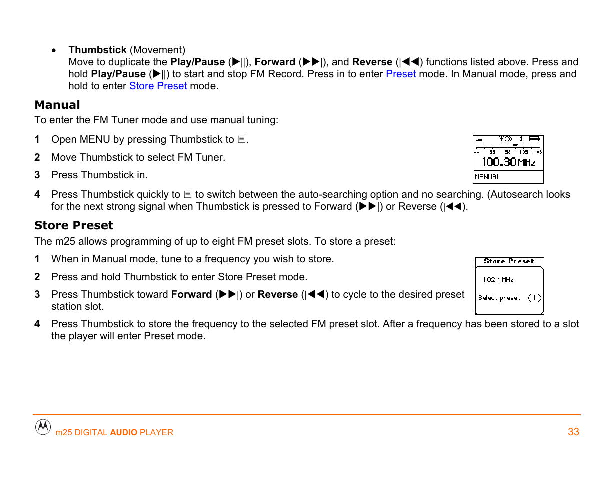 Manual, Allows you to tune in a station by mo, Store preset | Lets you set | Motorola m25 User Manual | Page 33 / 70