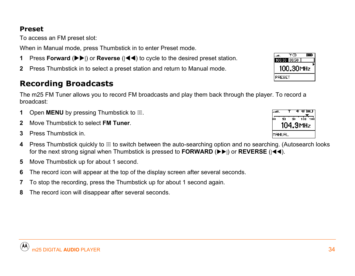 Preset, Recalls the stored, Start and stop fm record. press in to enter | Mode. in manual mode, press a, Recording broadcasts | Motorola m25 User Manual | Page 34 / 70