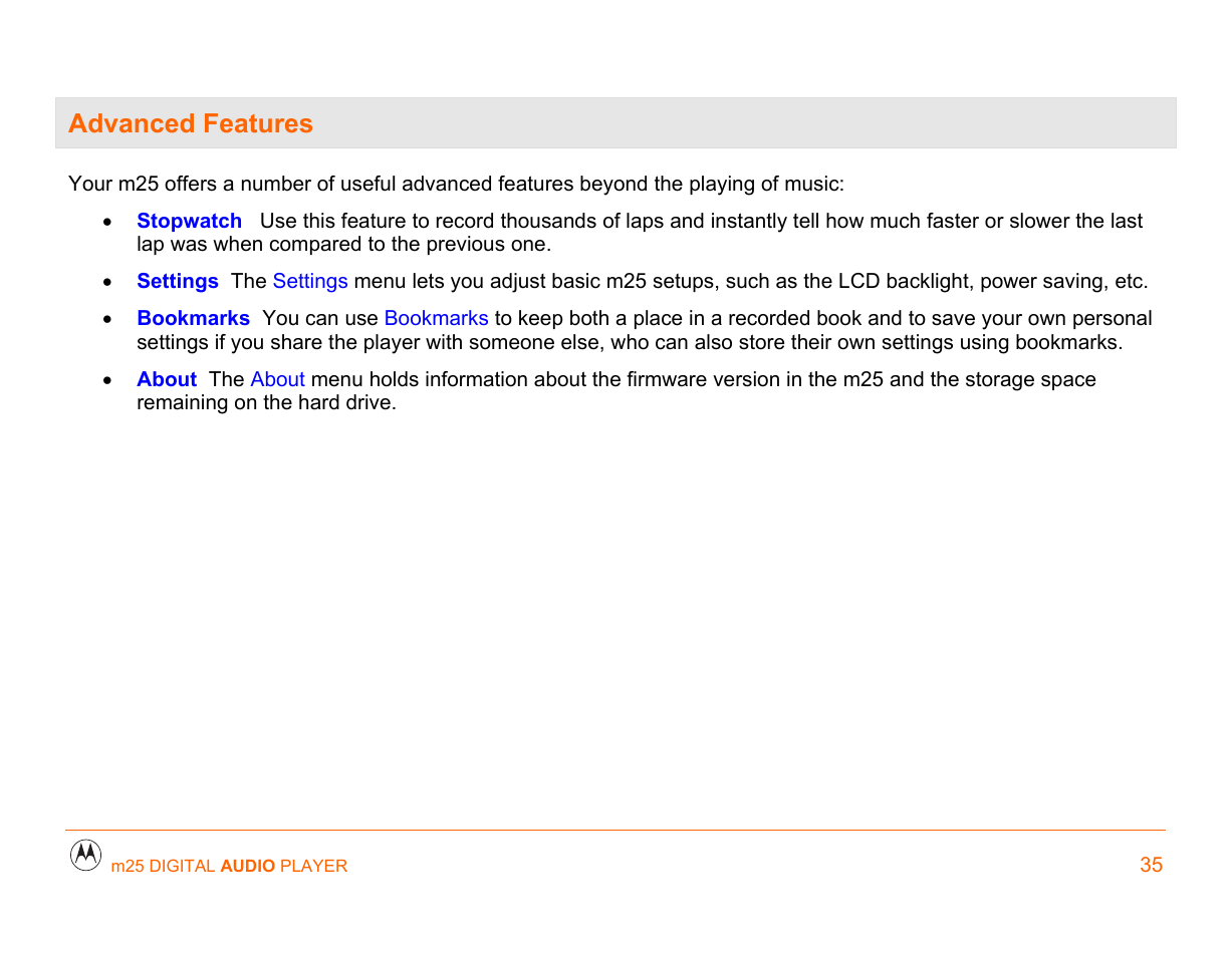 Advanced features, Advanced features 35 | Motorola m25 User Manual | Page 35 / 70