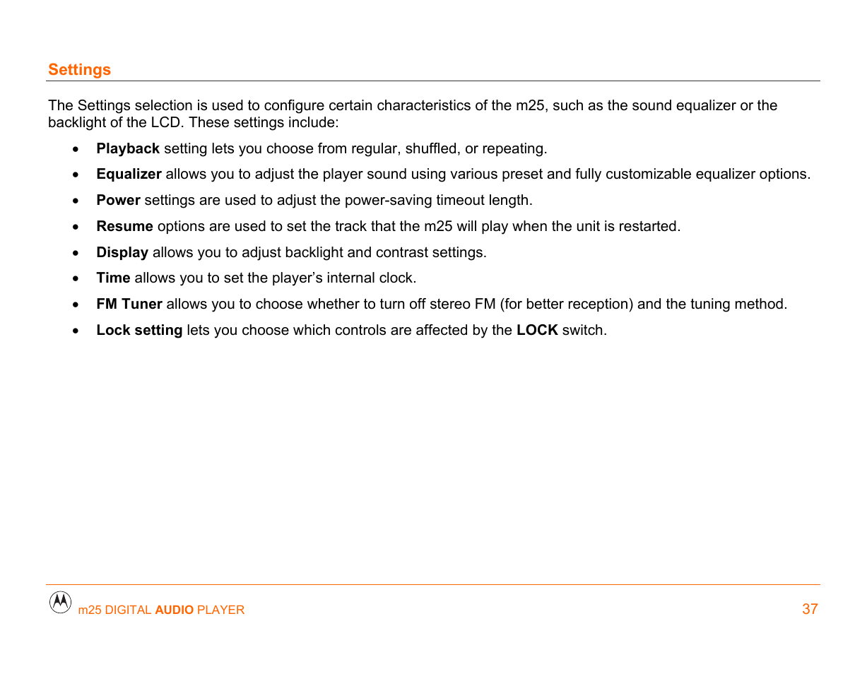 Settings | Motorola m25 User Manual | Page 37 / 70