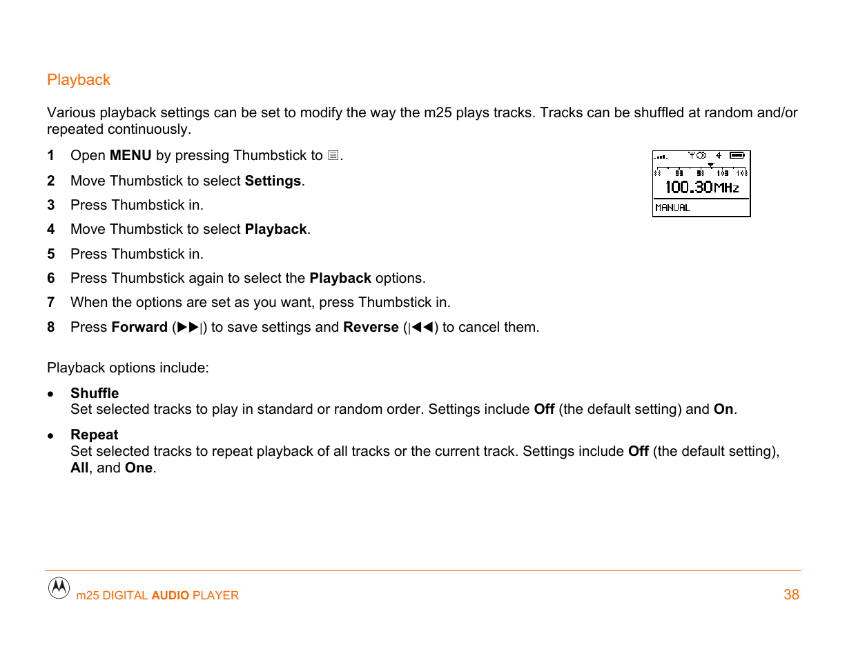 Playback, How to, Play songs | On t | Motorola m25 User Manual | Page 38 / 70