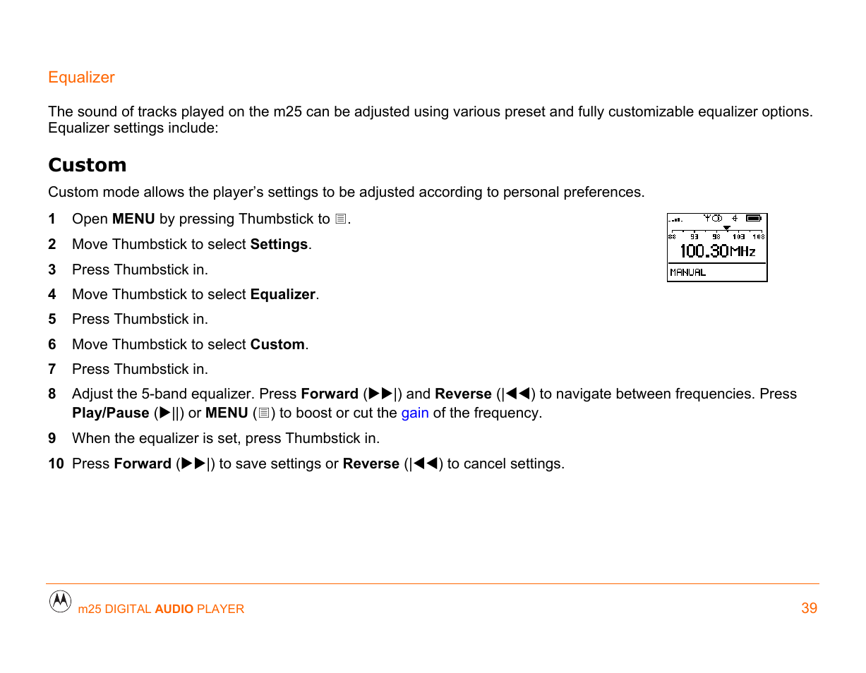 Equalizer, Custom | Motorola m25 User Manual | Page 39 / 70