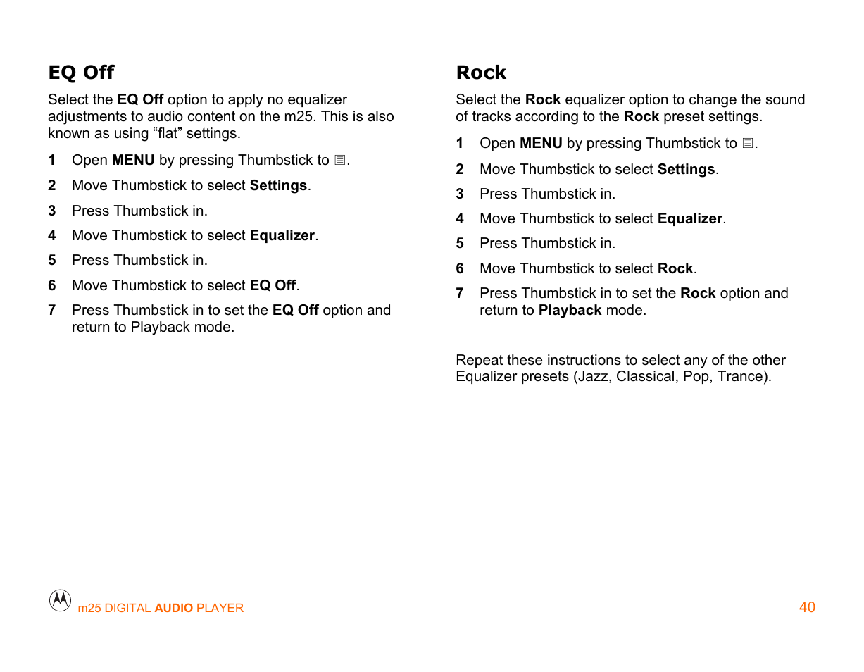 Eq off, Rock | Motorola m25 User Manual | Page 40 / 70