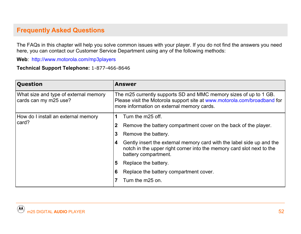 Frequently asked questions, Frequently asked questions 52 | Motorola m25 User Manual | Page 52 / 70