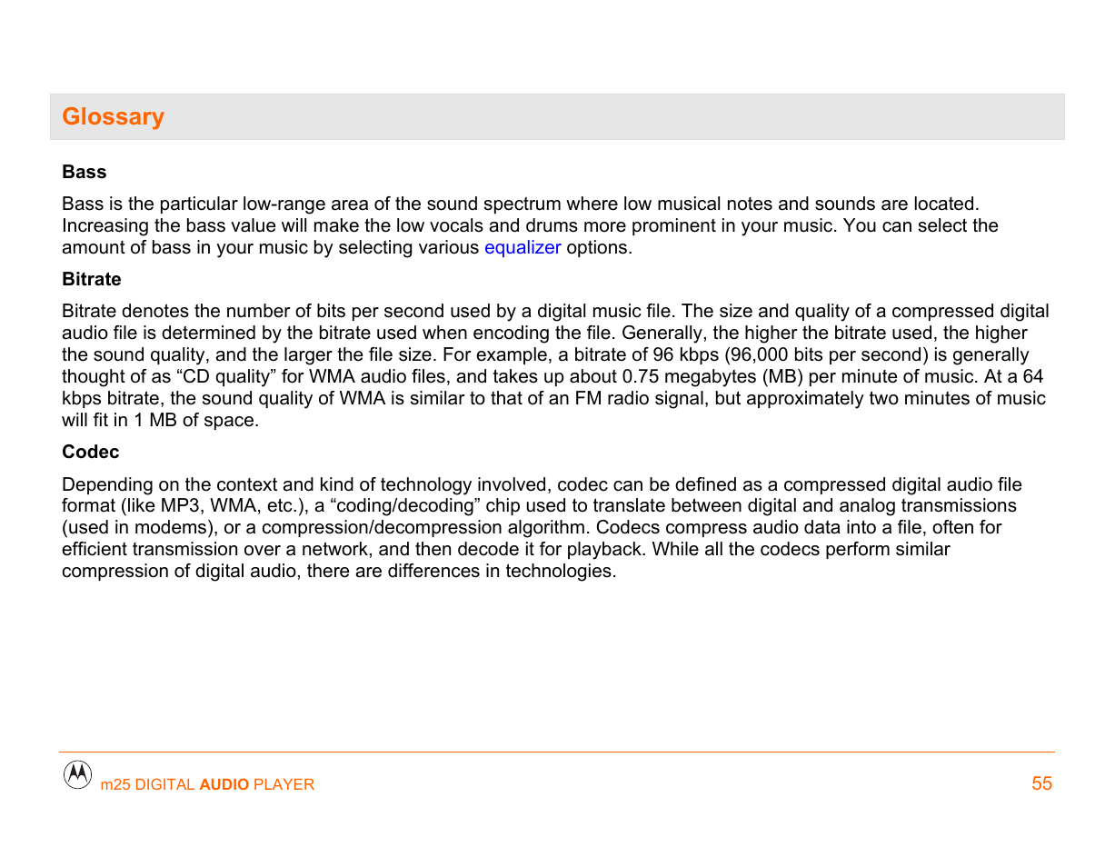 Glossary, Glossary 55, Aac codec | Motorola m25 User Manual | Page 55 / 70