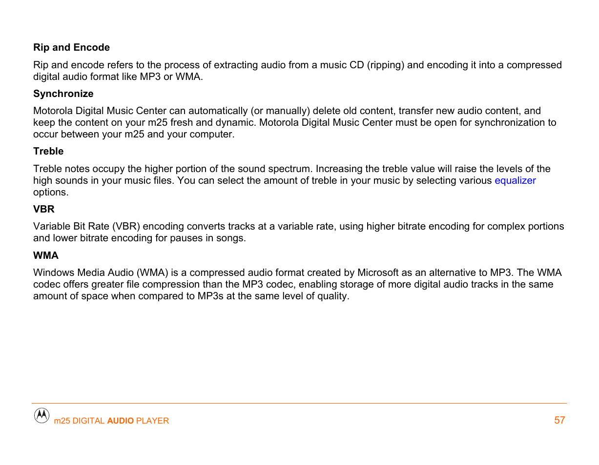 Playback. the m25 features a ligh, With i, It can play most | Variable bit, Files by default and, Synchronize | Motorola m25 User Manual | Page 57 / 70