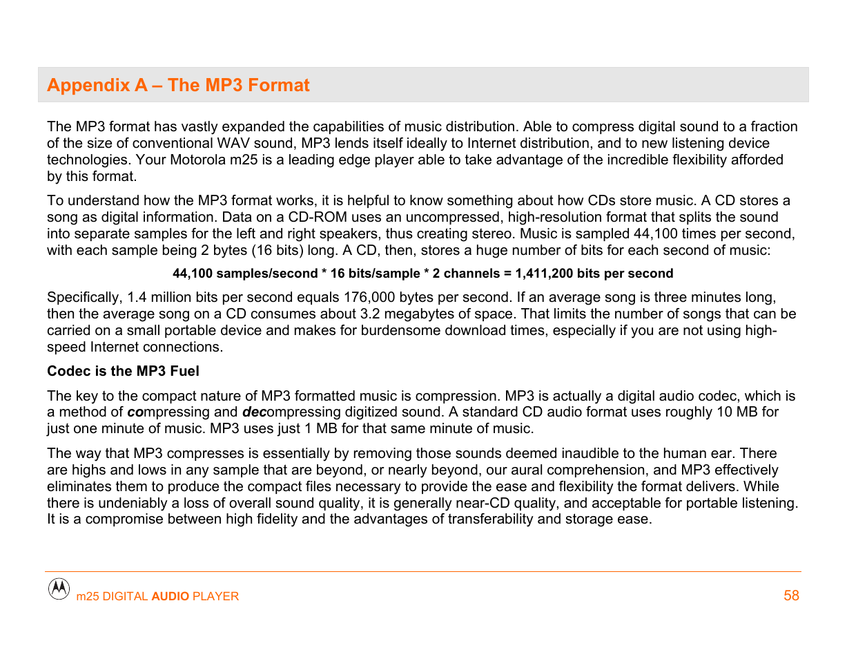 Appendix a – the mp3 format, Appendix a – the mp3 format 58 | Motorola m25 User Manual | Page 58 / 70