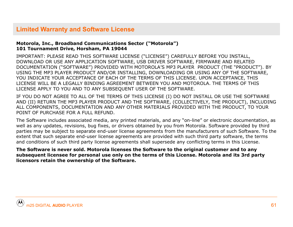 Limited warranty and software license, Limited warranty and software license 61 | Motorola m25 User Manual | Page 61 / 70