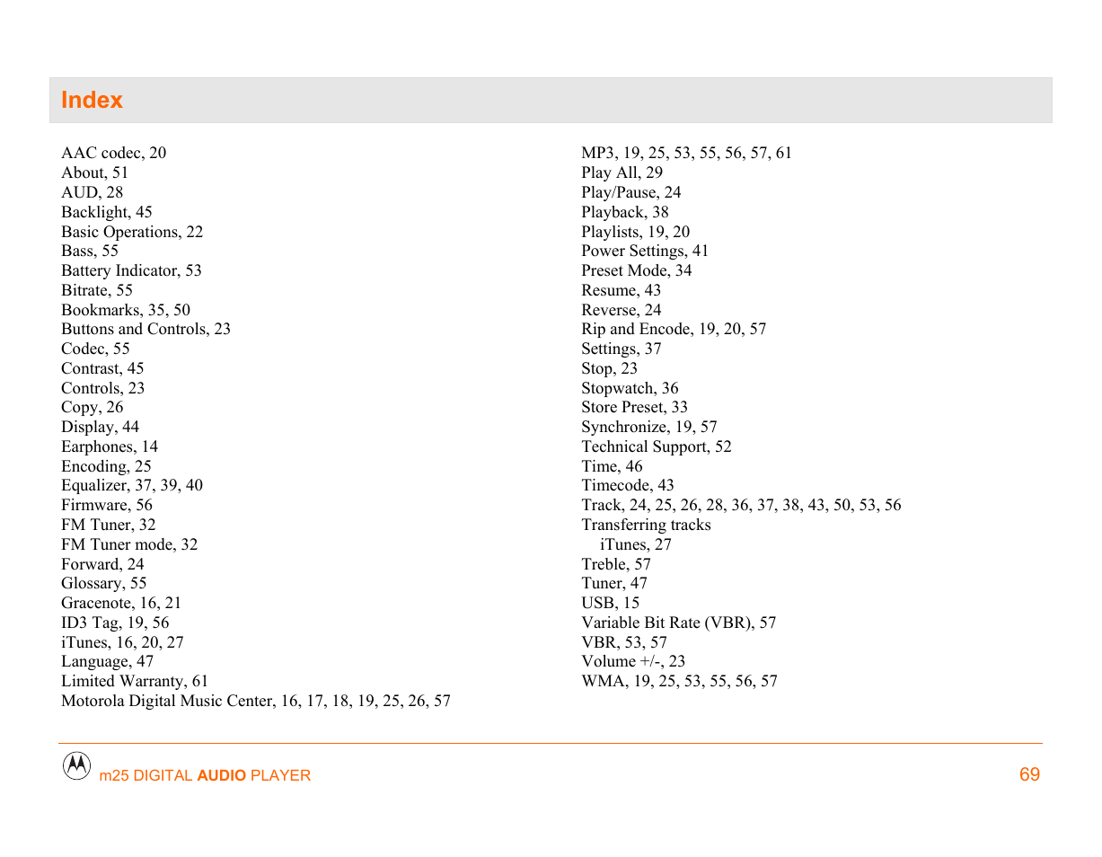 Index, Index 69 | Motorola m25 User Manual | Page 69 / 70