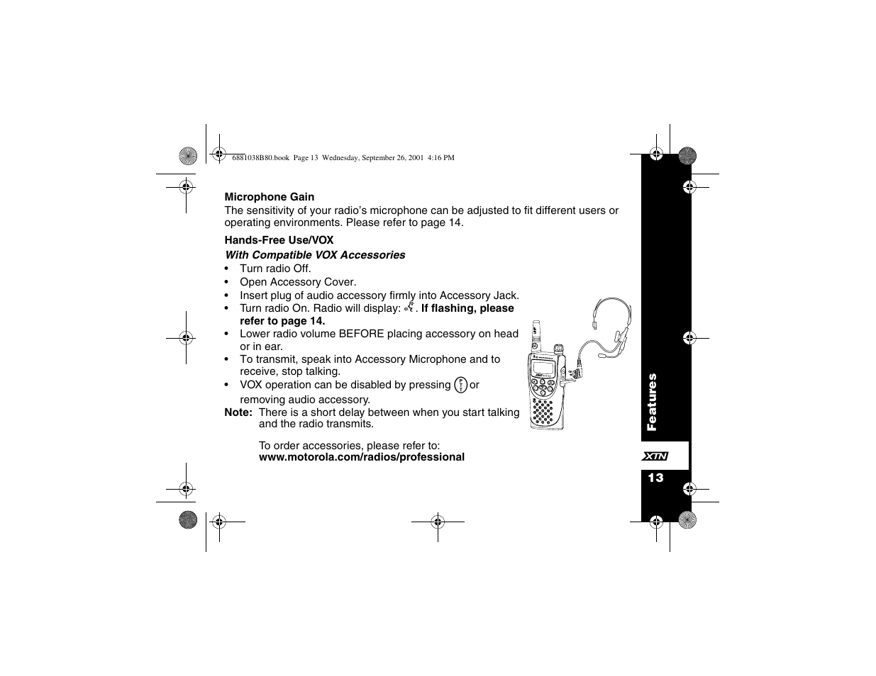 Hands-free use/vox | Motorola XU1100 User Manual | Page 25 / 60