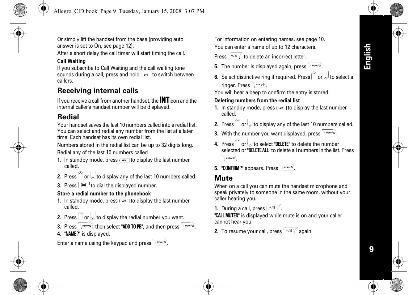 English, Receiving internal calls, Redial | Mute | Motorola D200 User Manual | Page 11 / 28