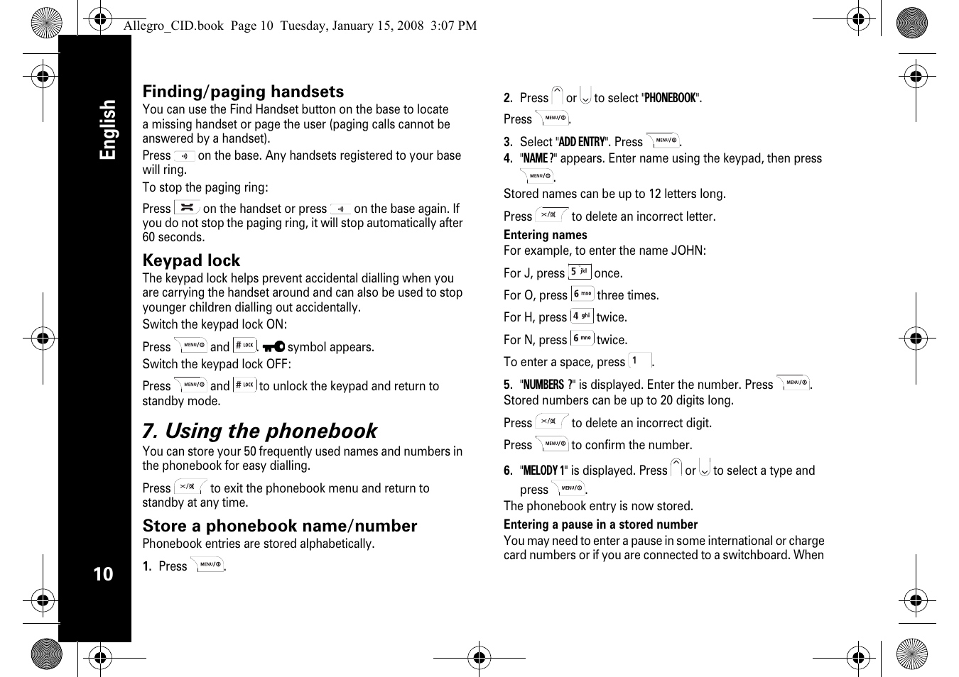 English, Using the phonebook, Finding/paging handsets | Keypad lock, Store a phonebook name/number | Motorola D200 User Manual | Page 12 / 28