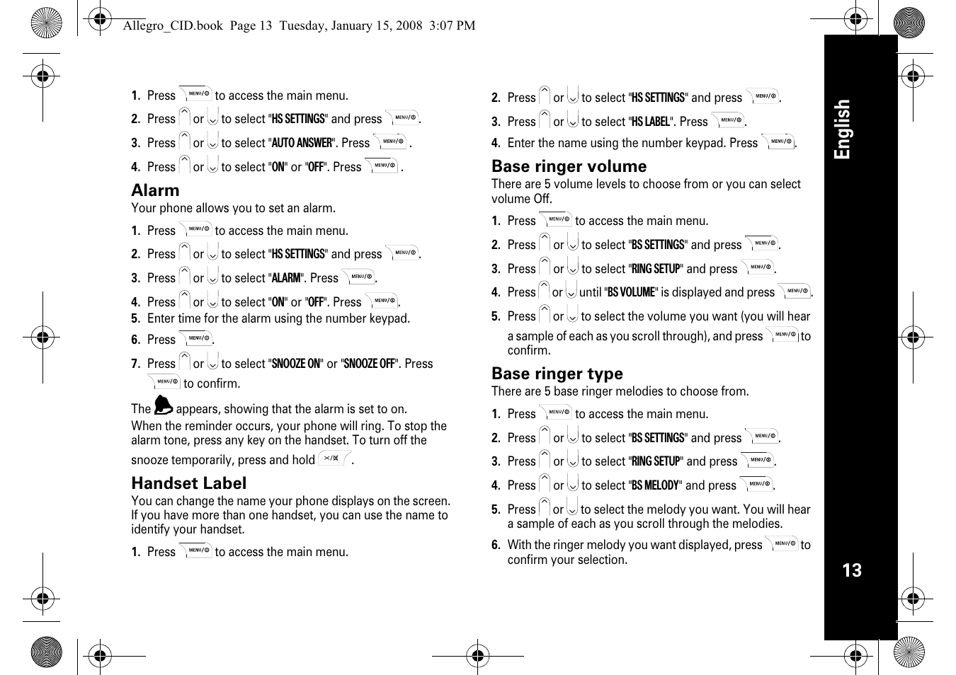 English, Alarm, Handset label | Base ringer volume, Base ringer type | Motorola D200 User Manual | Page 15 / 28