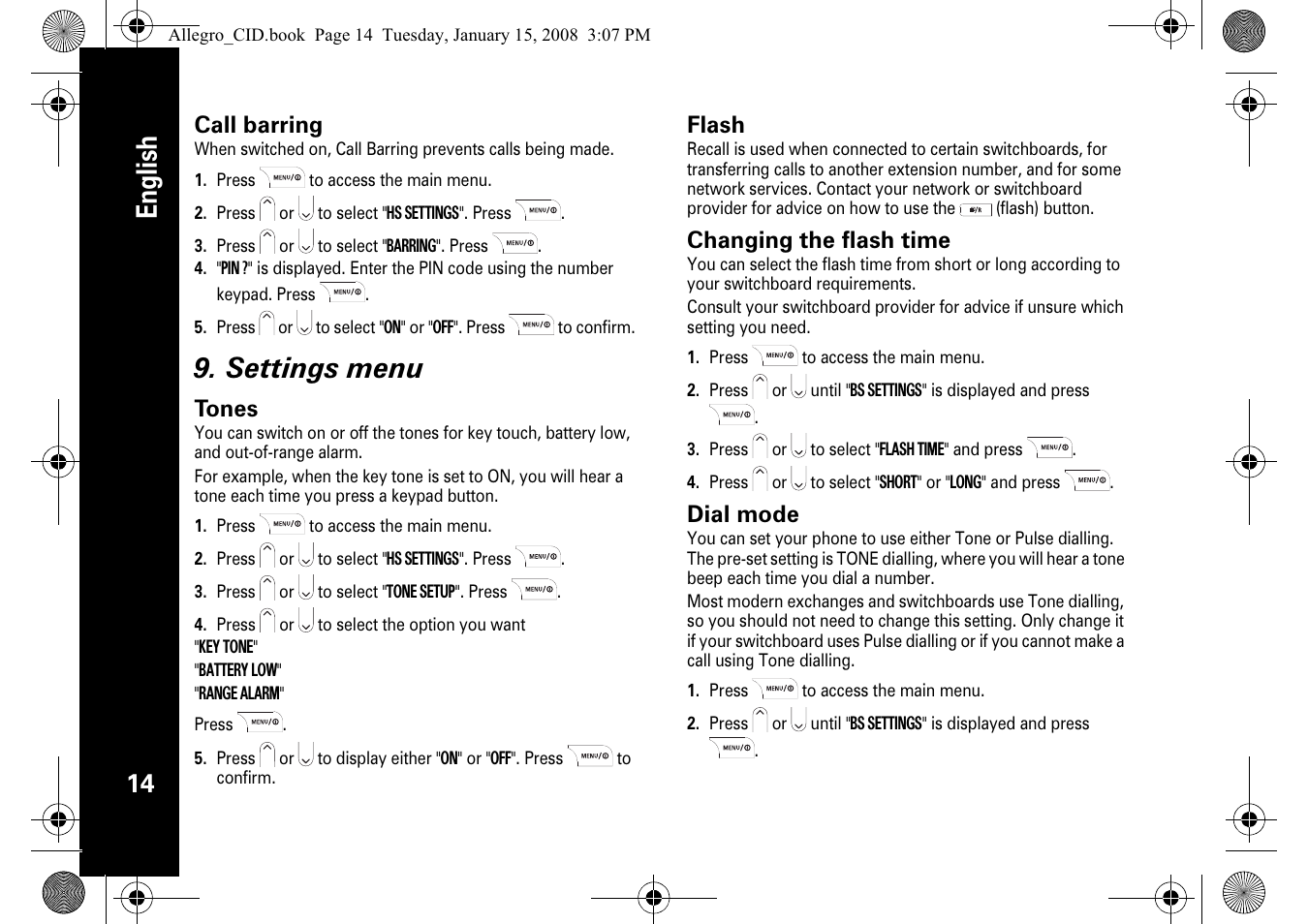 English, Settings menu, Call barring | Tones, Flash, Changing the flash time, Dial mode | Motorola D200 User Manual | Page 16 / 28