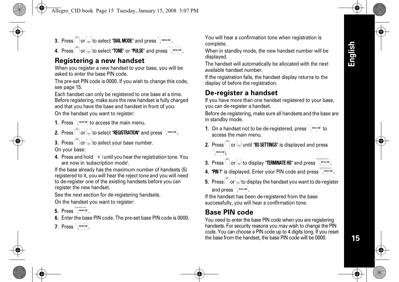 English, Registering a new handset, De-register a handset | Base pin code | Motorola D200 User Manual | Page 17 / 28