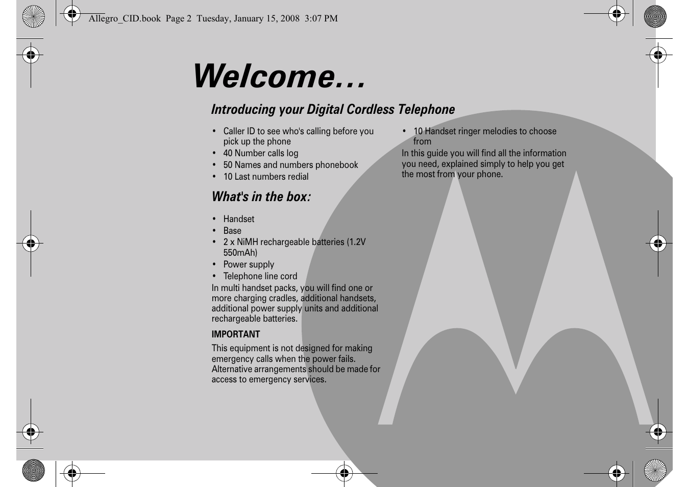 Welcome | Motorola D200 User Manual | Page 2 / 28