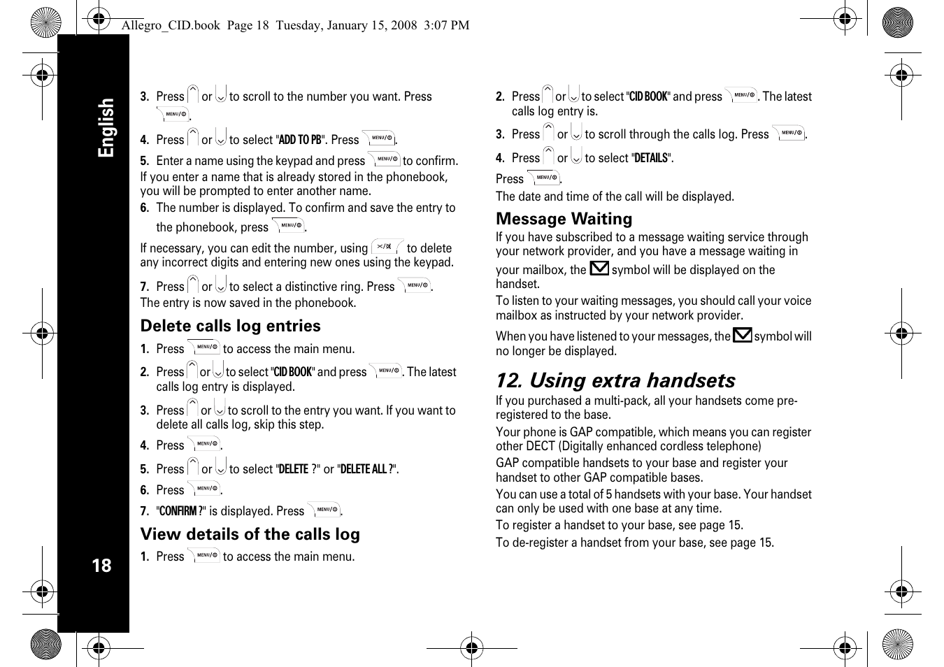 English, Using extra handsets, Delete calls log entries | View details of the calls log, Message waiting | Motorola D200 User Manual | Page 20 / 28
