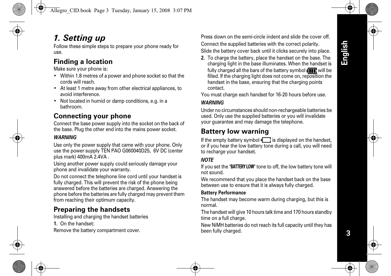 English 1. setting up | Motorola D200 User Manual | Page 5 / 28