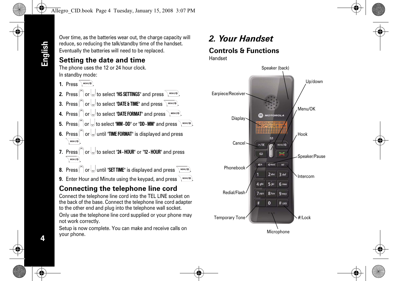 English, Your handset, Setting the date and time | Connecting the telephone line cord, Controls & functions | Motorola D200 User Manual | Page 6 / 28
