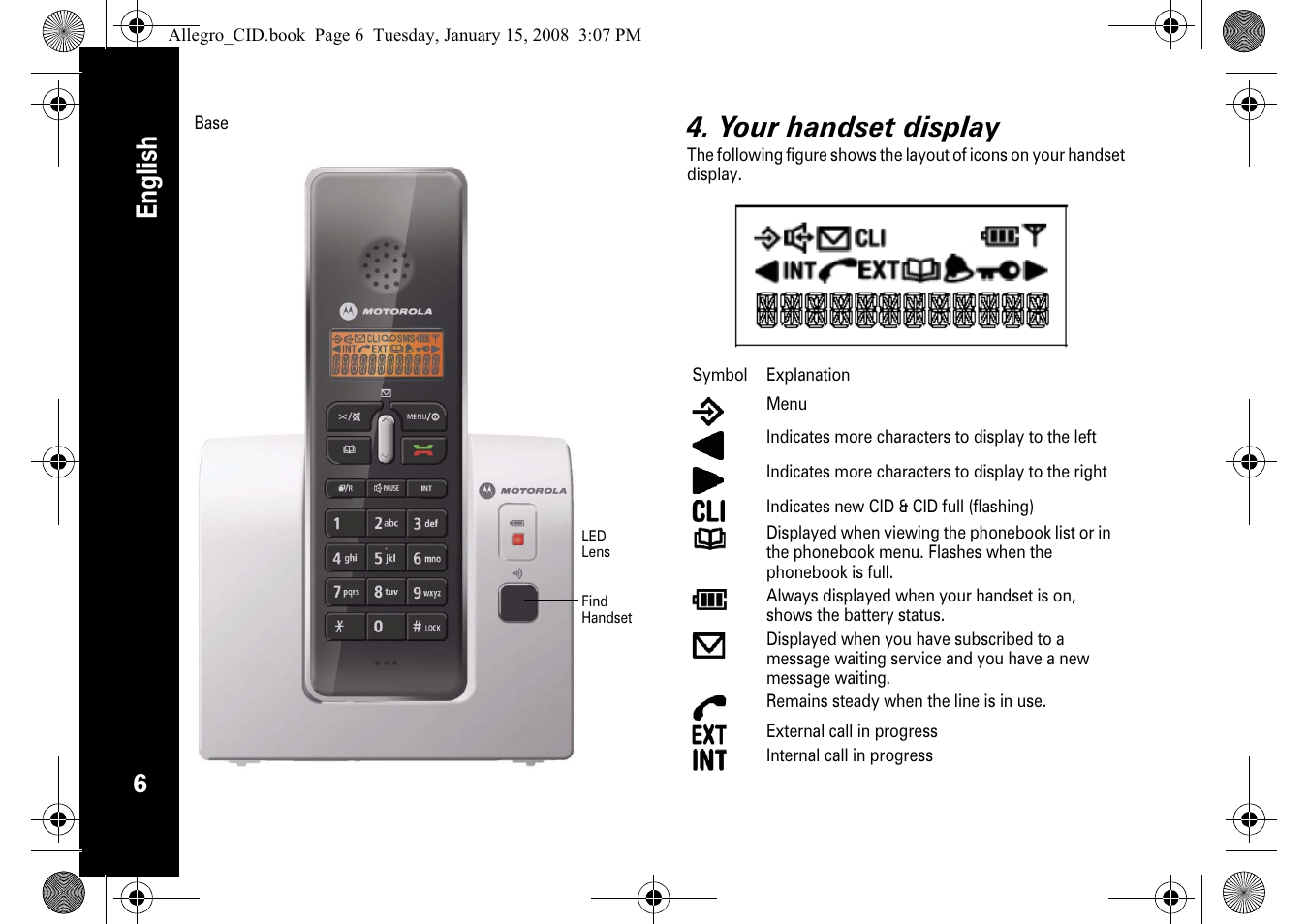 English, Your handset display | Motorola D200 User Manual | Page 8 / 28