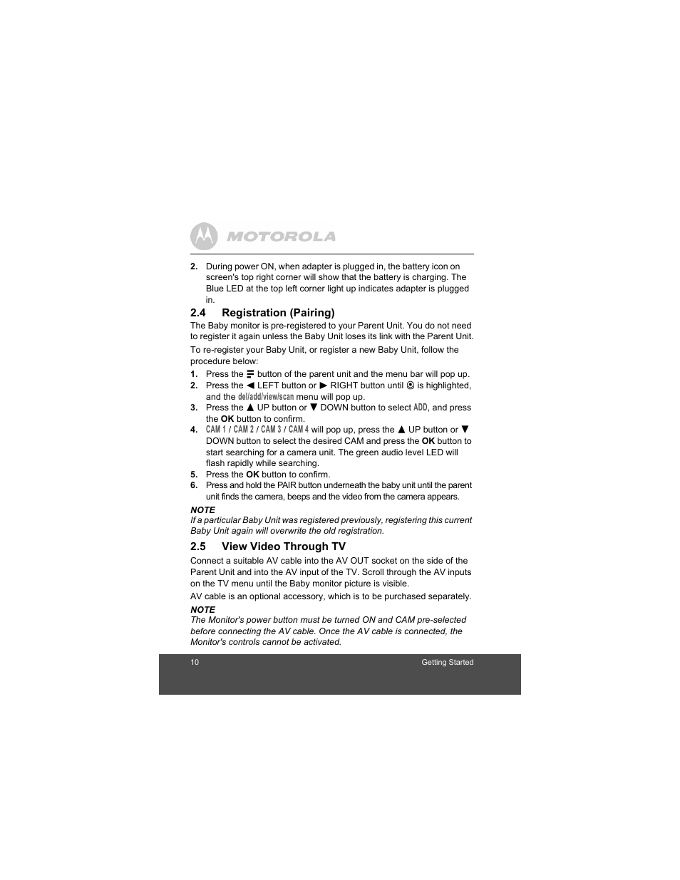 Registration (pairing), View video through tv | Motorola MBP36 User Manual | Page 10 / 28