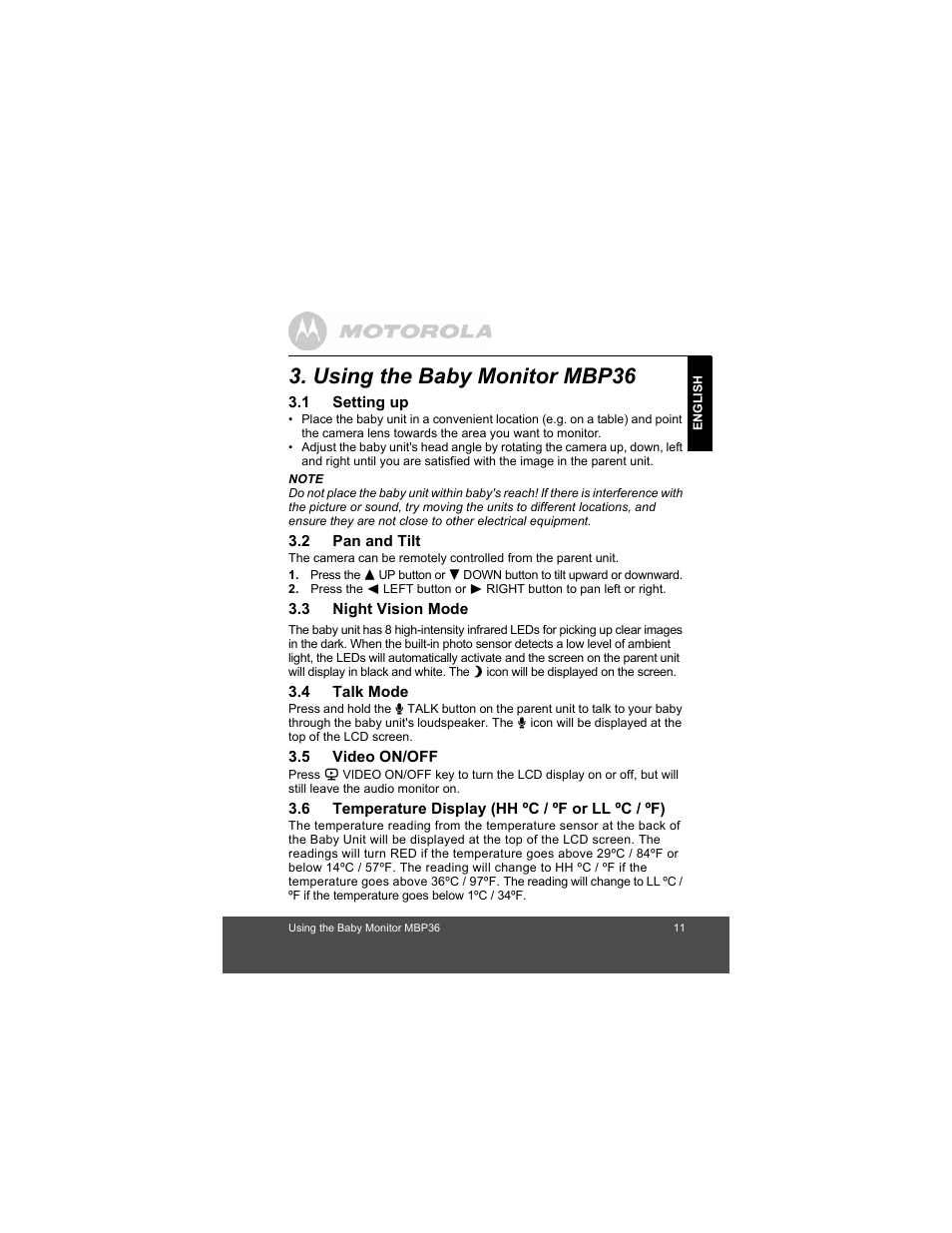 Using the baby monitor mbp36, Setting up, Pan and tilt | Night vision mode, Talk mode, Video on/off, Temperature display (hh ºc / ºf or ll ºc / ºf) | Motorola MBP36 User Manual | Page 11 / 28