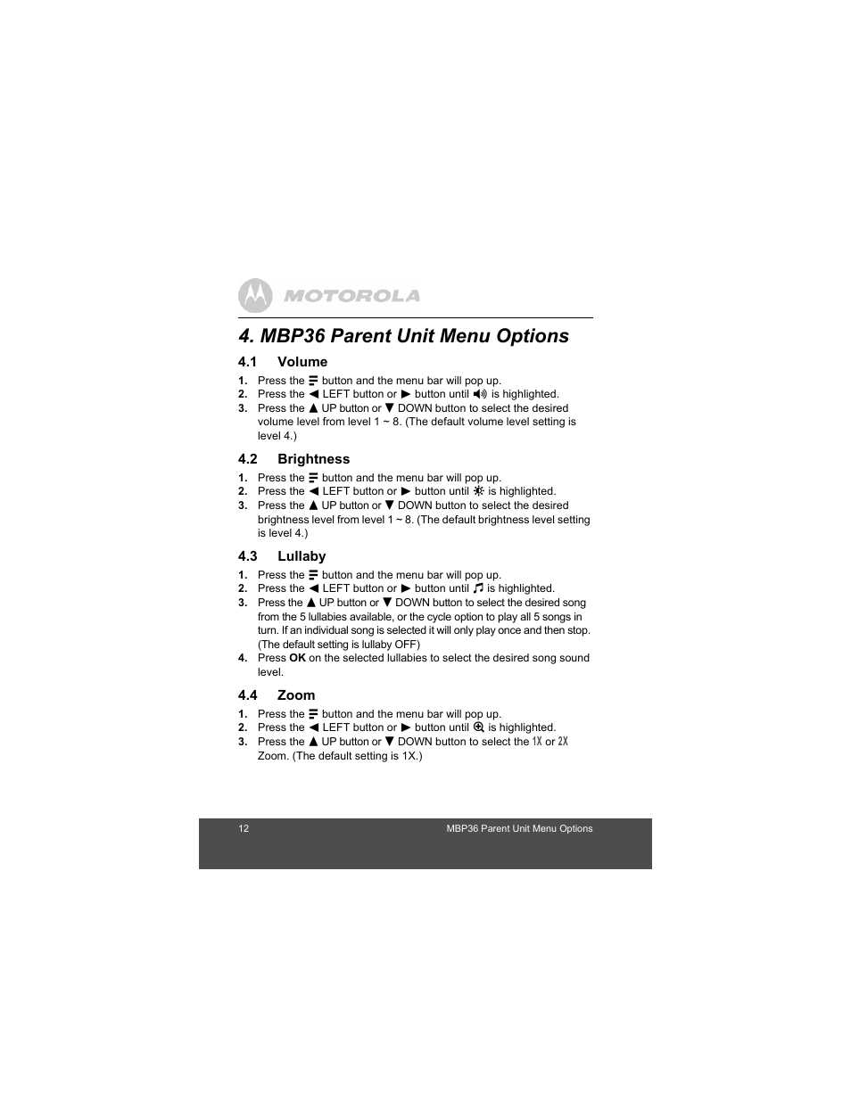 Mbp36 parent unit menu options, Volume, Brightness | Lullaby, Zoom | Motorola MBP36 User Manual | Page 12 / 28
