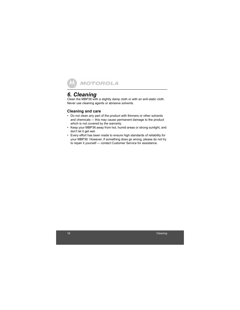 Cleaning | Motorola MBP36 User Manual | Page 16 / 28