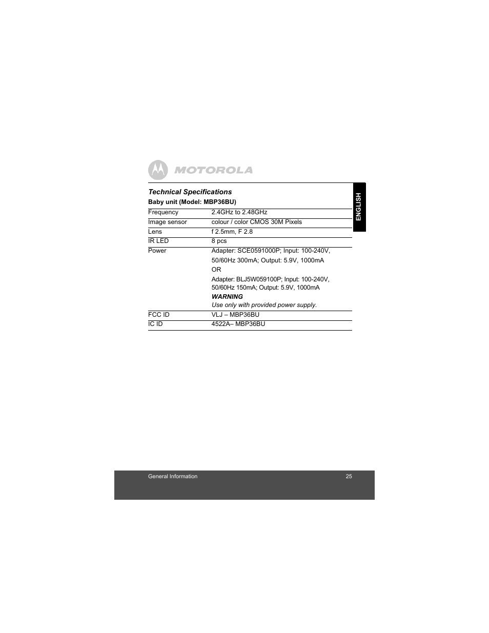 Technical specifications | Motorola MBP36 User Manual | Page 25 / 28