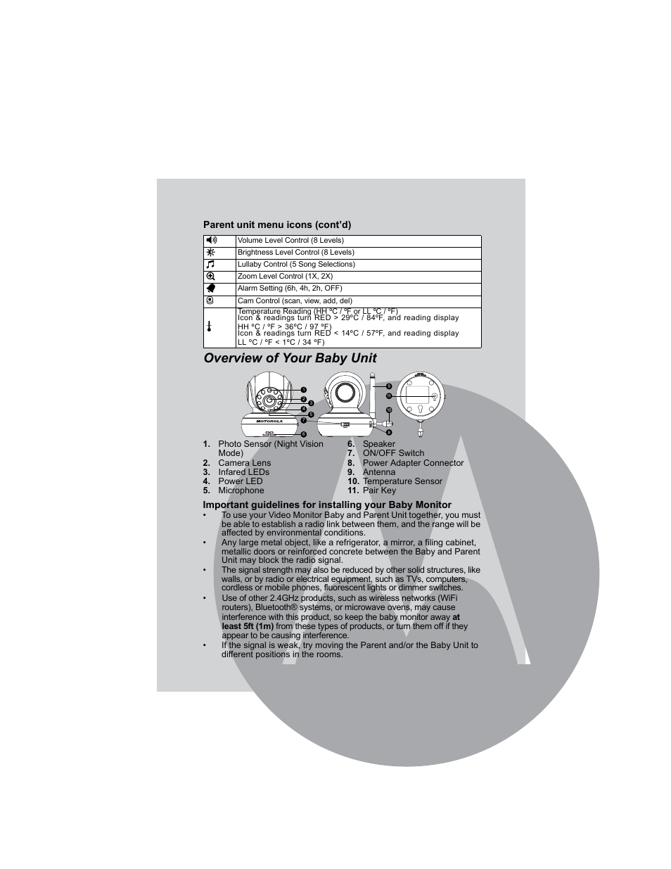 Overview of your baby unit | Motorola MBP36 User Manual | Page 4 / 28