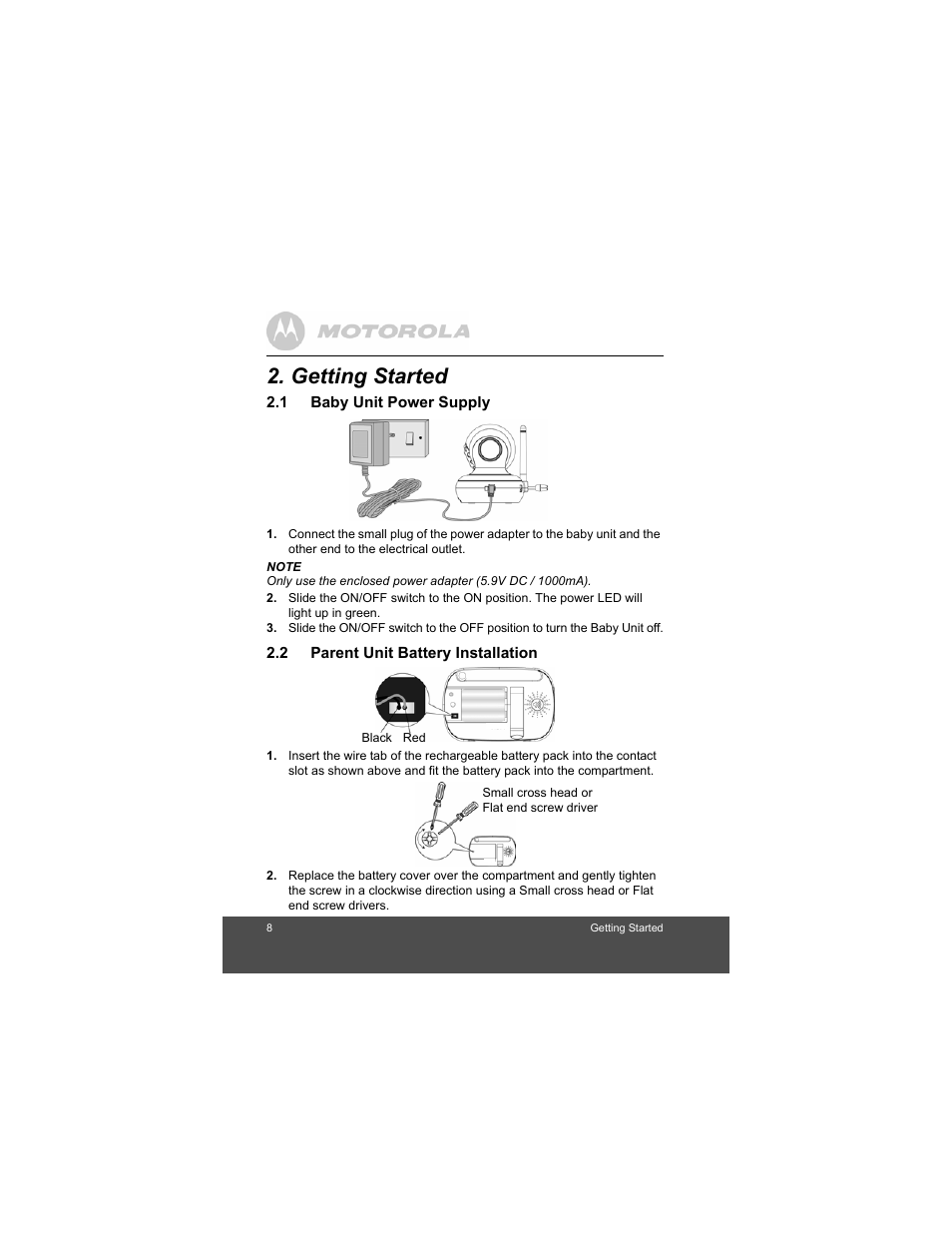 Getting started, Baby unit power supply, Parent unit battery installation | Motorola MBP36 User Manual | Page 8 / 28