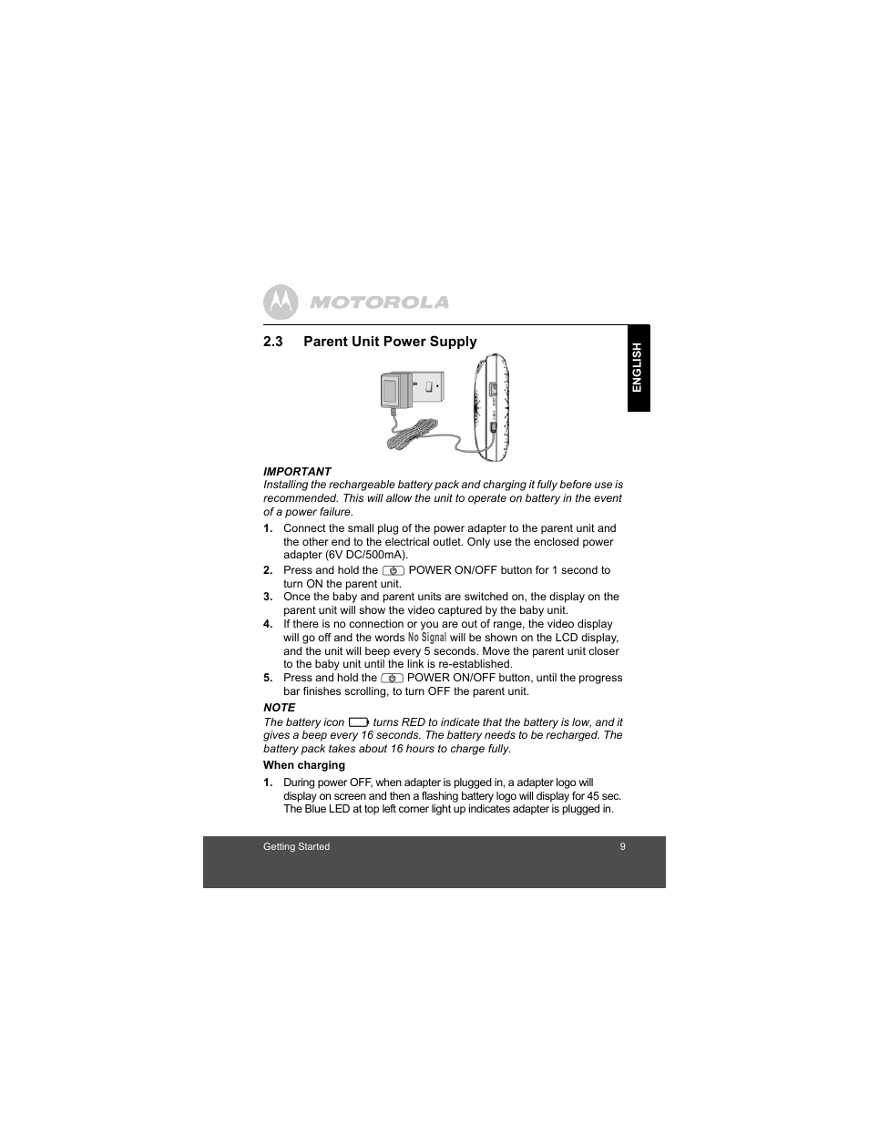 Parent unit power supply | Motorola MBP36 User Manual | Page 9 / 28