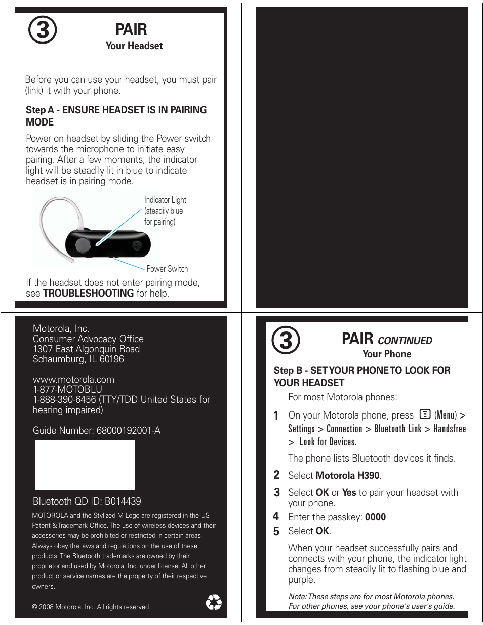 Pair | Motorola H390 User Manual | Page 2 / 6