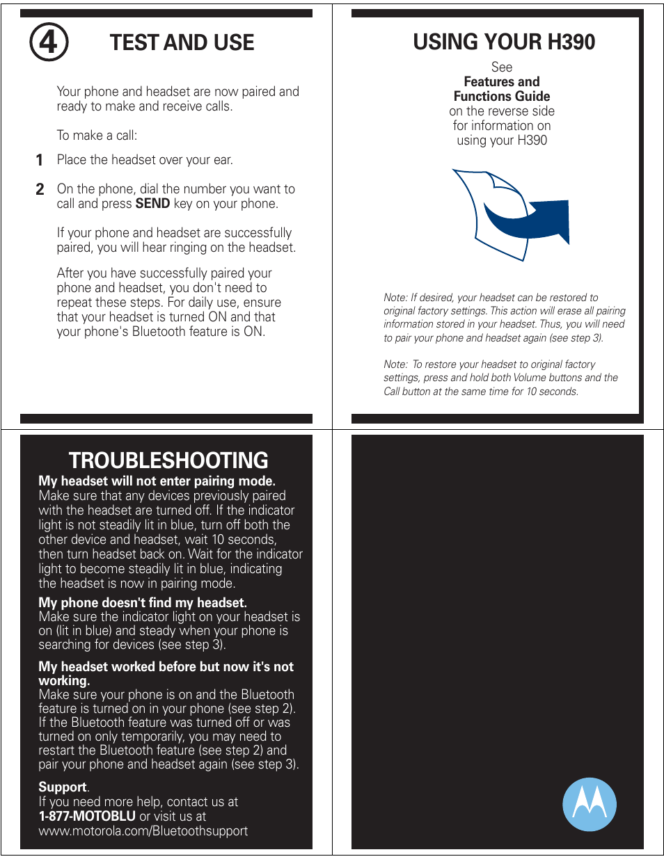 Test and use, Using your h390, Troubleshooting | Motorola H390 User Manual | Page 3 / 6