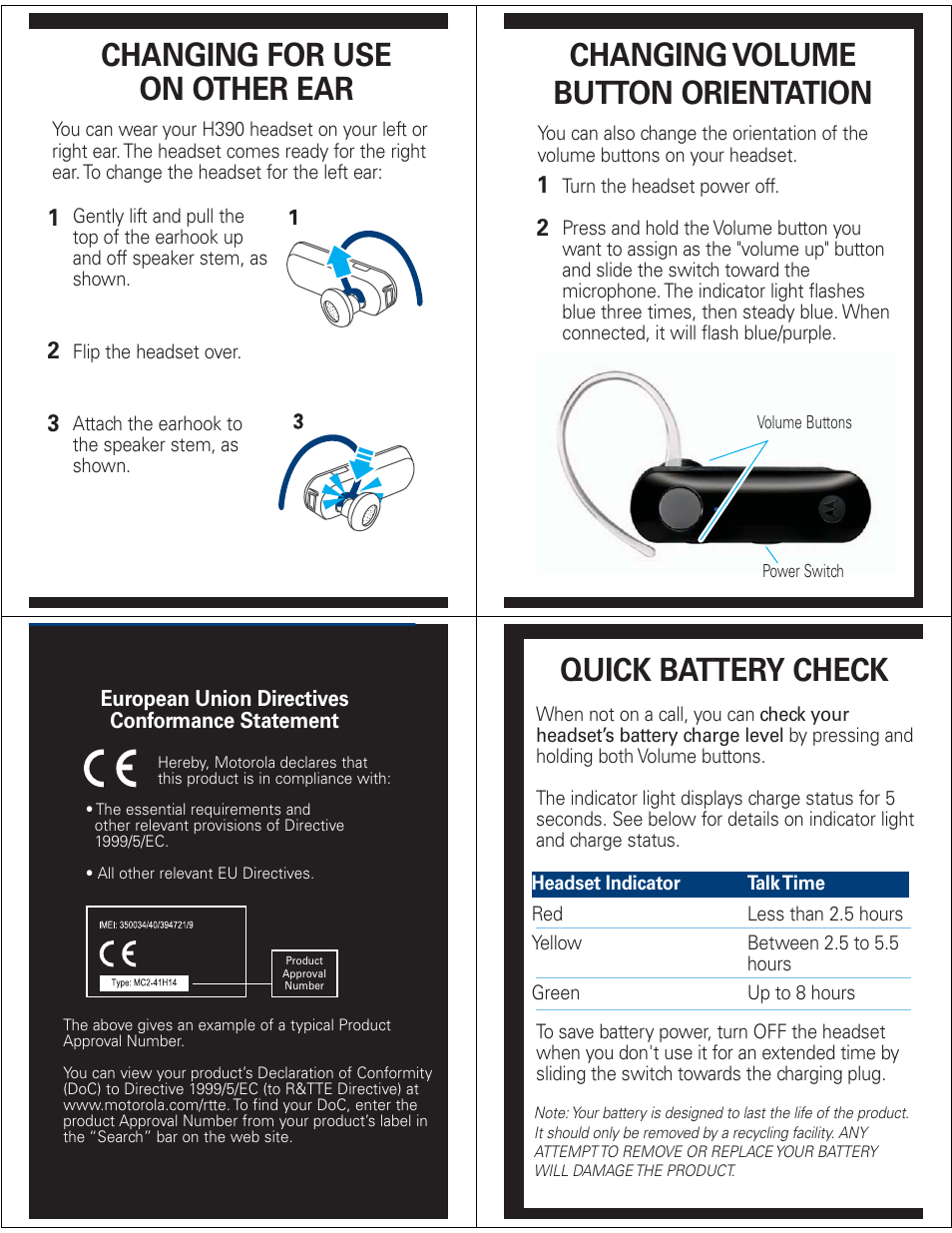 Changing for use on other ear, Changing volume button orientation, Quick battery check | Motorola H390 User Manual | Page 5 / 6