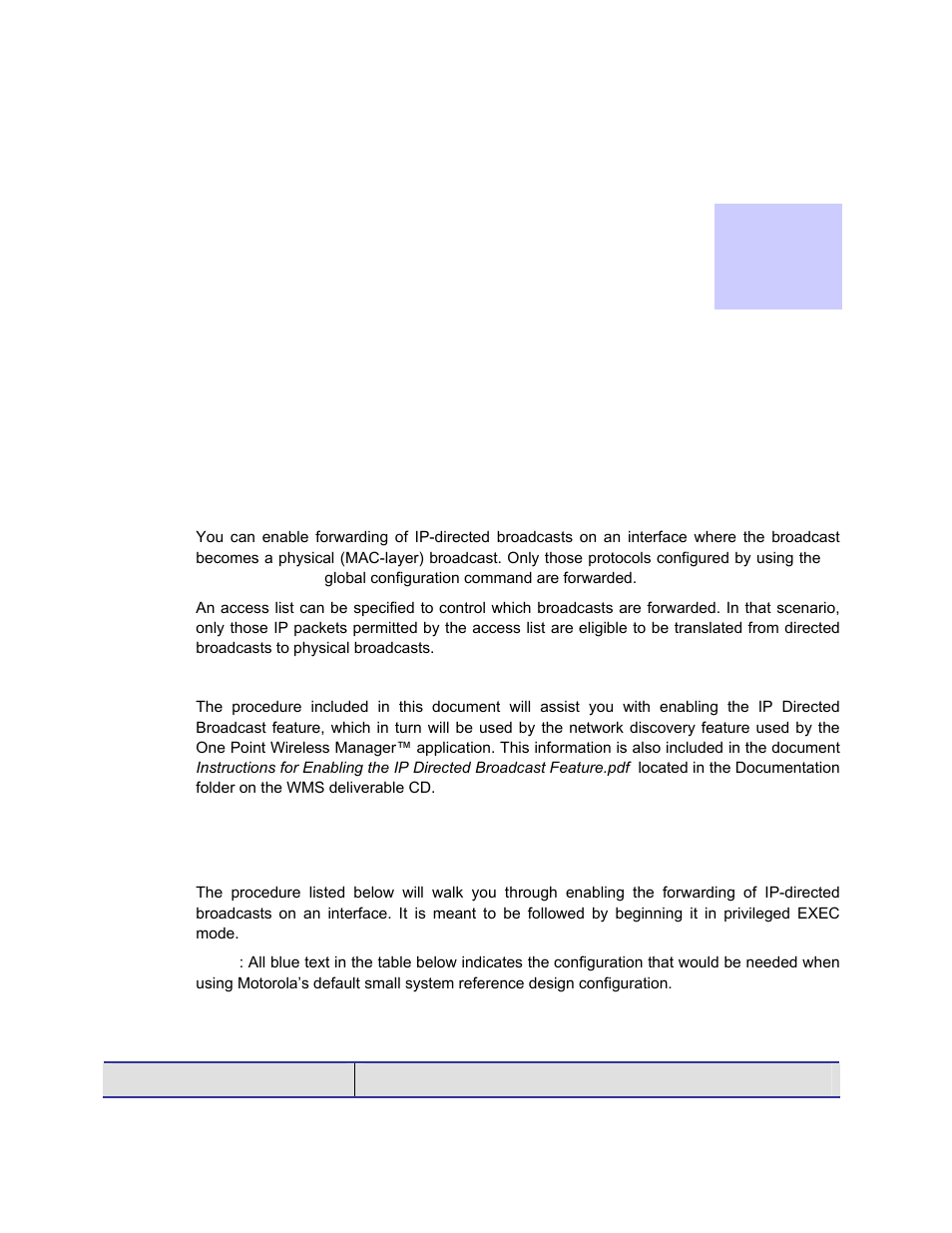 Appendix a, Ip directed broadcast feature, Enabling the ip directed broadcast feature | Chapter 9, Appendix a: -1, Ip directed broadcast feature -1, Enabling the ip directed broadcast feature -1, Procedure 9-1, Enabling ip directed broadcast -1, Chapter 9: appendix a | Motorola 2.1 User Manual | Page 102 / 135