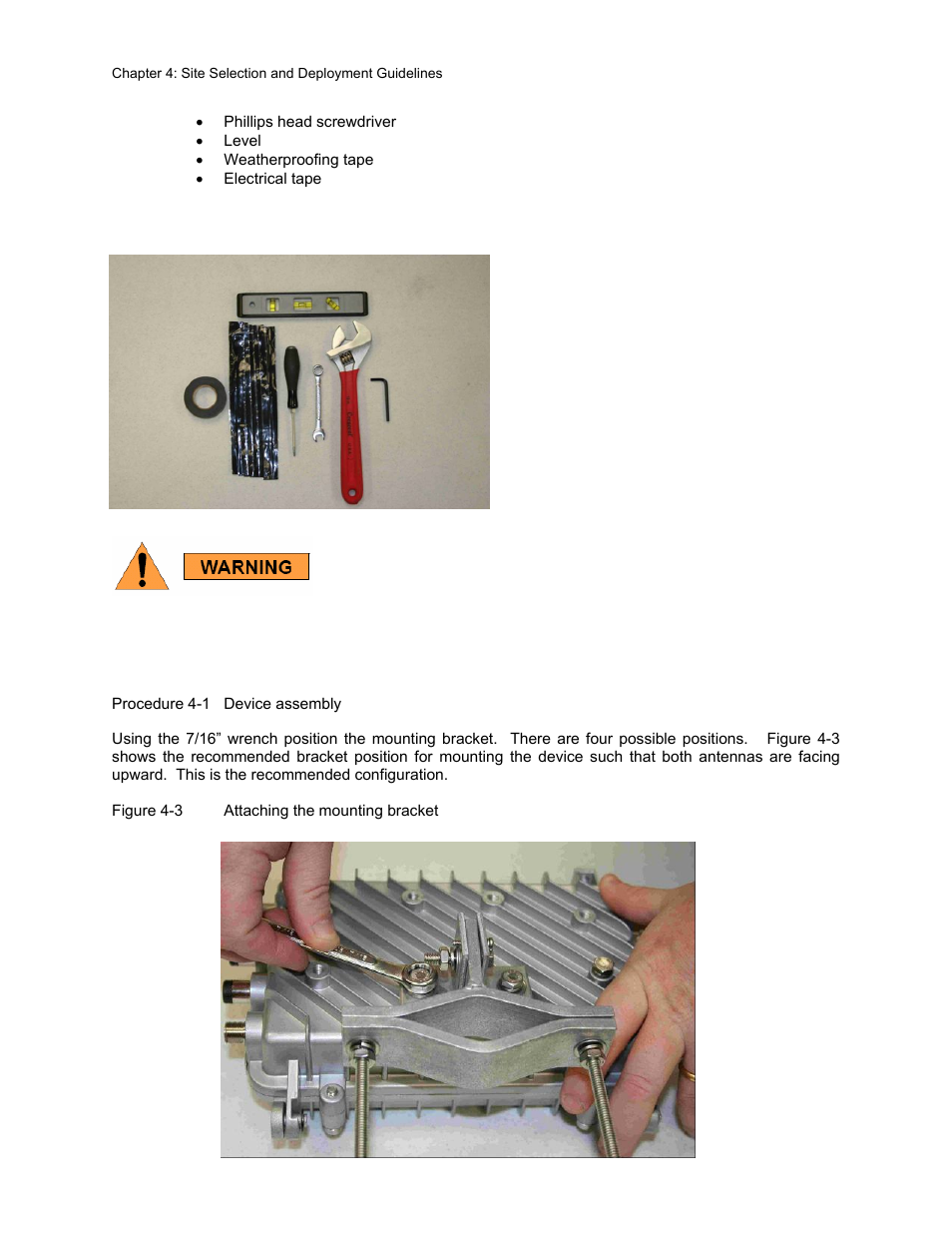 Device assembly, Device assembly -3, Figure 4-2 | Required tools -3, Figure 4-3, Attaching the mounting bracket -3, Procedure 4-1 | Motorola 2.1 User Manual | Page 62 / 135