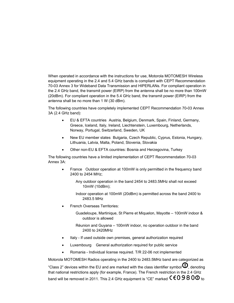 Regulatory requirements and legal notices, Regulatory requirements and legal notices -3, Regulatory requirements for cept member states -3 | Motorola 2.1 User Manual | Page 89 / 135