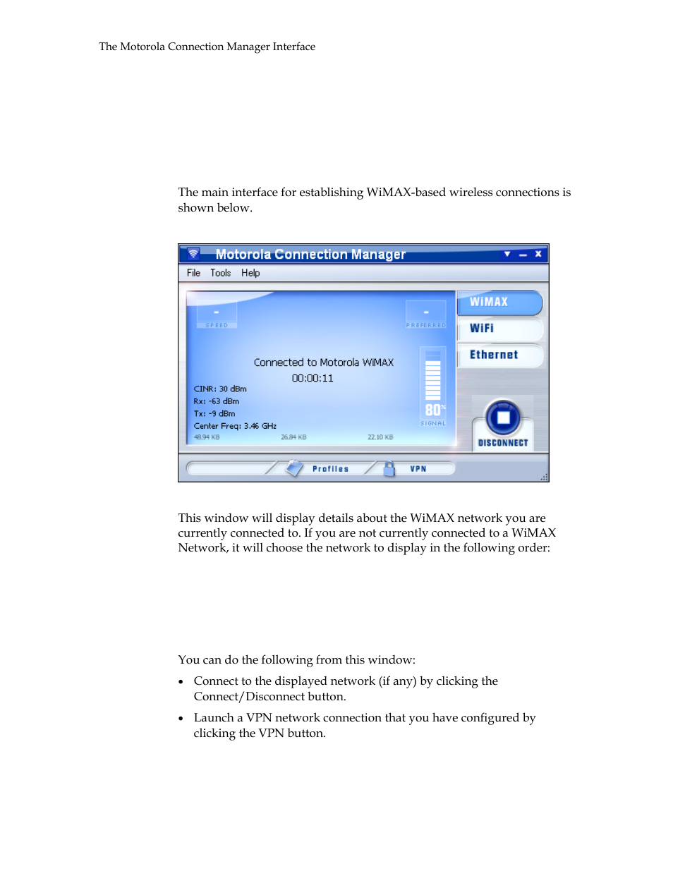 The motorola connection manager interface | Motorola USBW 100 User Manual | Page 10 / 55