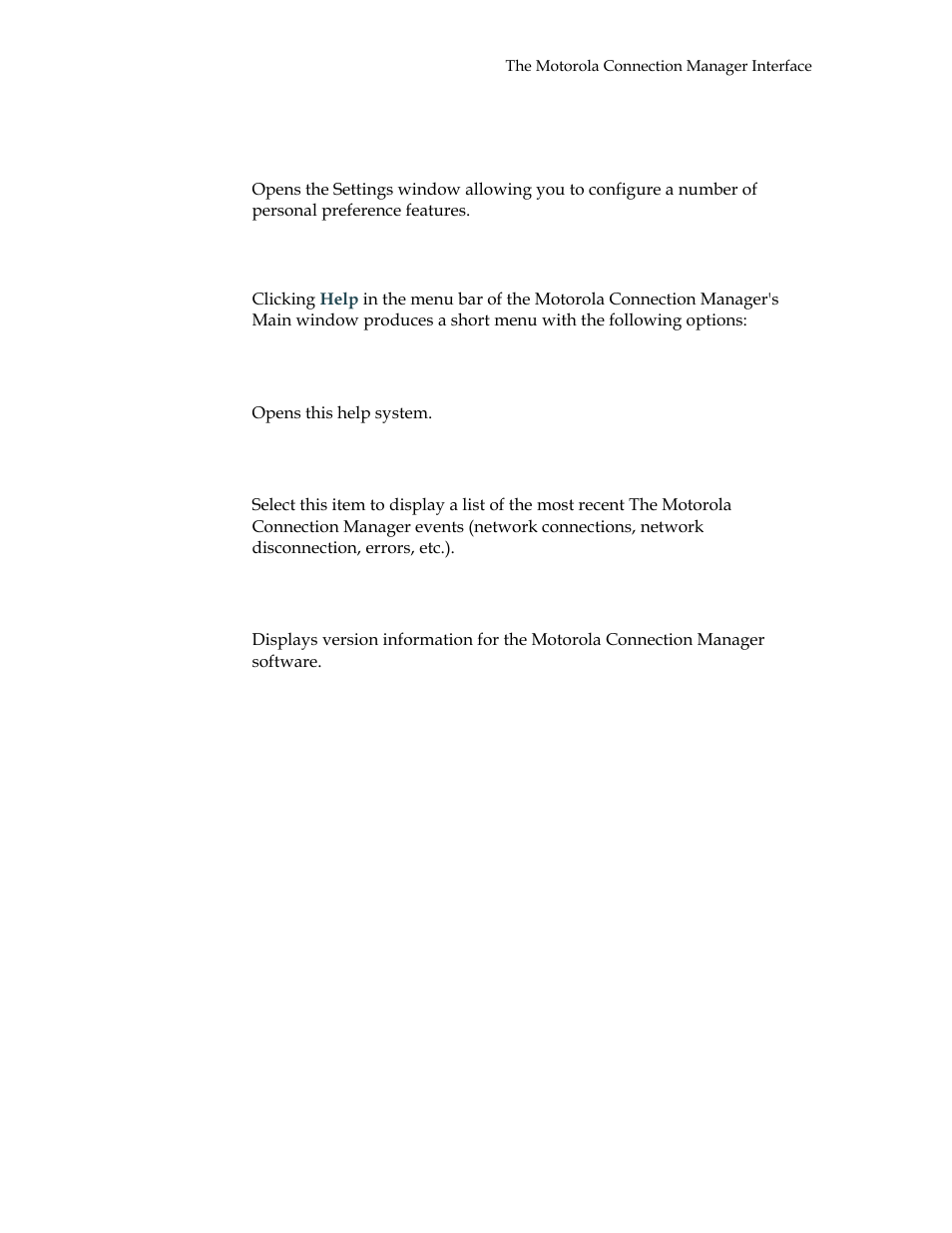 Settings, The help menu, Help | Event manager history, About the motorola connection manager | Motorola USBW 100 User Manual | Page 15 / 55