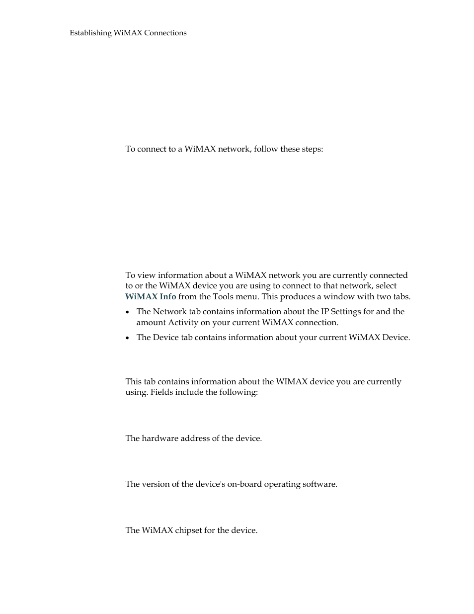 Establishing wimax connections, How to connect to a wimax network, Wimax device information | Mac address, Firmware version, Baseband chip | Motorola USBW 100 User Manual | Page 16 / 55