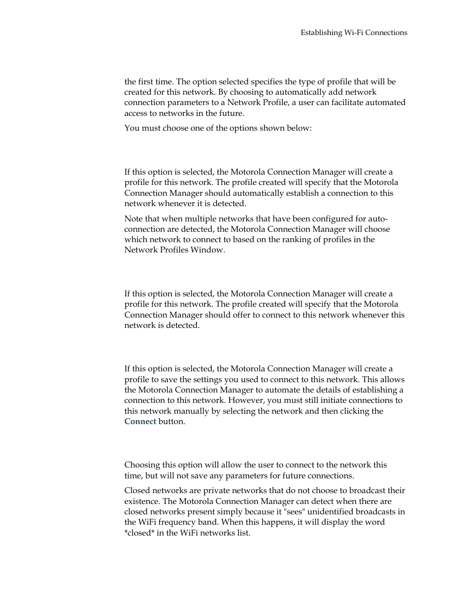 Automatically connect to network in future, Prompt me before connecting to this network, Save settings for manual connections | Do not save settings | Motorola USBW 100 User Manual | Page 21 / 55