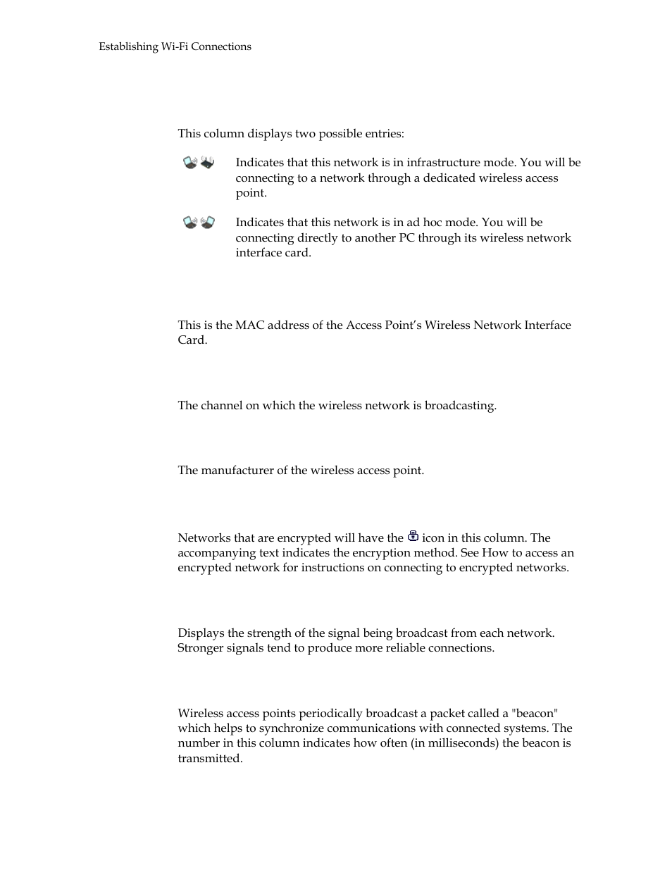 Mode, Bssid, Channel | Ap vendor, Encryption, Signal strength, Beacon period | Motorola USBW 100 User Manual | Page 24 / 55