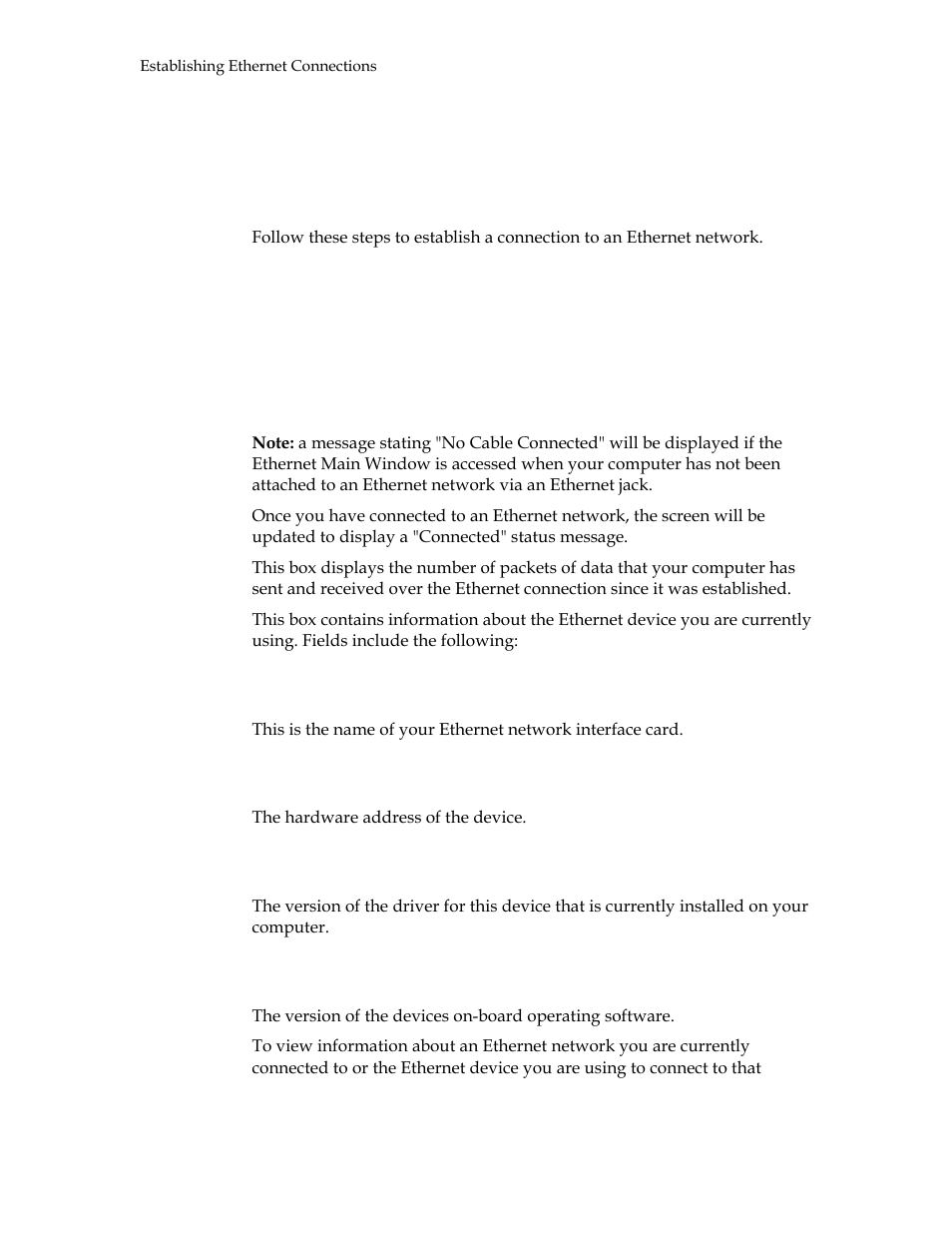 Establishing ethernet connections, Vendor description, Mac address | Driver version, Firmware version | Motorola USBW 100 User Manual | Page 30 / 55