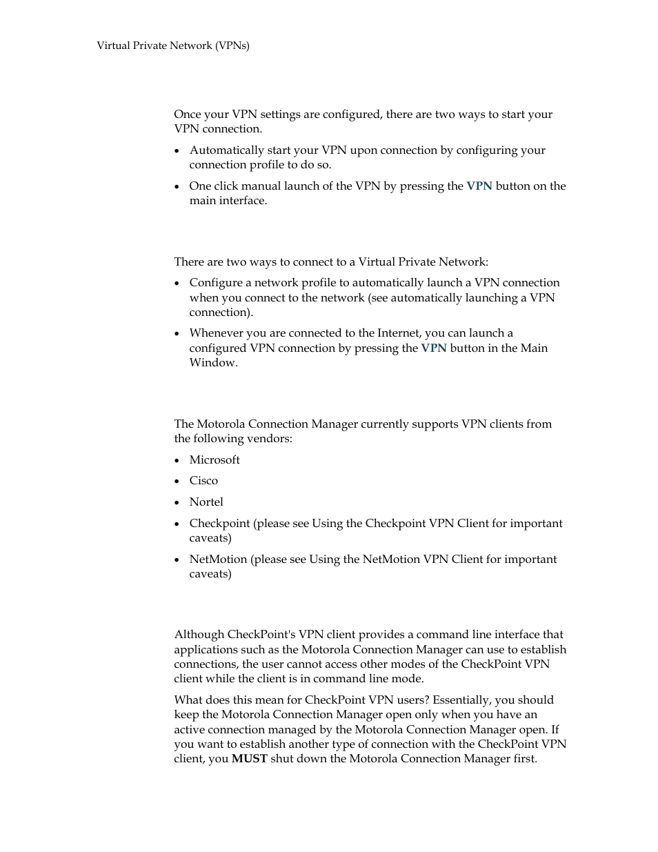 Connecting to a virtual private network (vpn), Supported vpn clients, Using the checkpoint vpn client | Motorola USBW 100 User Manual | Page 34 / 55
