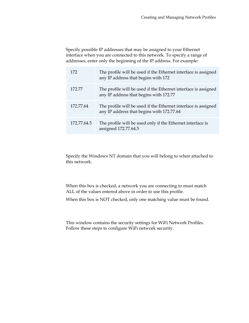 Ip subnet, Nt domain, Must match all associations | Profile properties: wifi | Motorola USBW 100 User Manual | Page 41 / 55