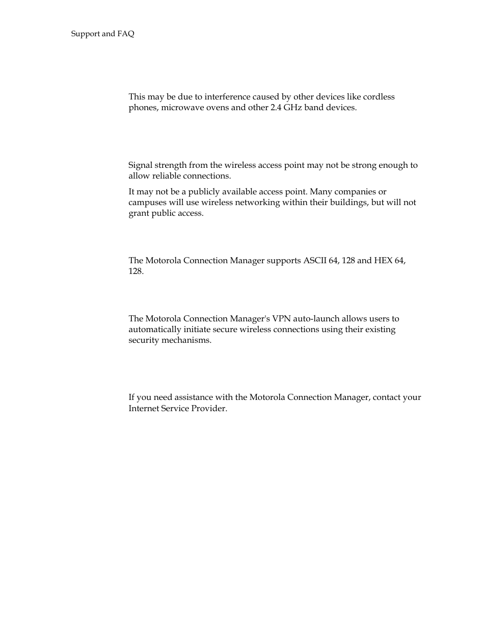 Why do i keep losing my connection, Does the motorola connection manager support vpn | Motorola USBW 100 User Manual | Page 54 / 55